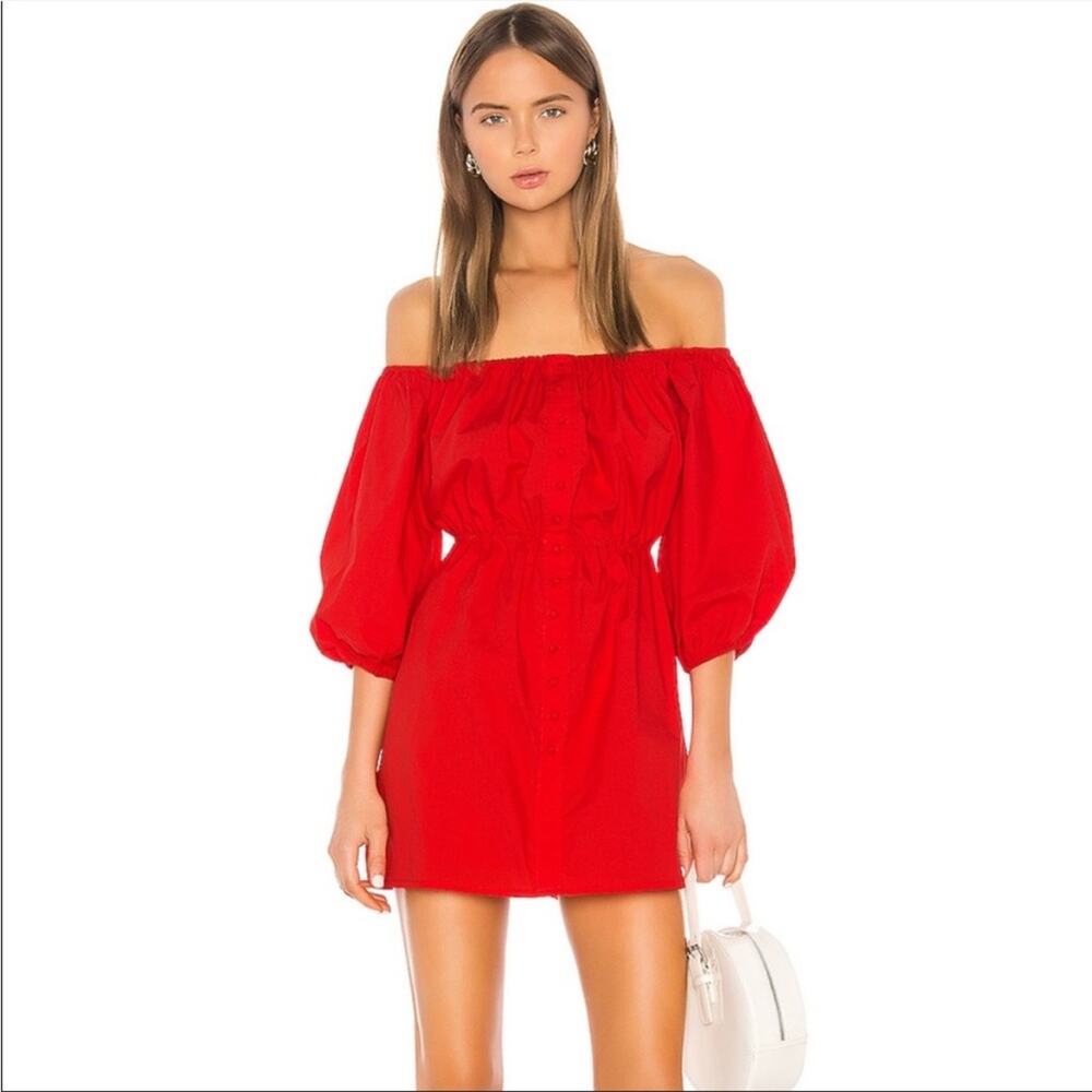Camila Coelho Archer Off Shoulder Button Front Dress in Red XS